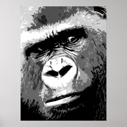 Black White Grey Pop Art Gorilla Portrait Poster