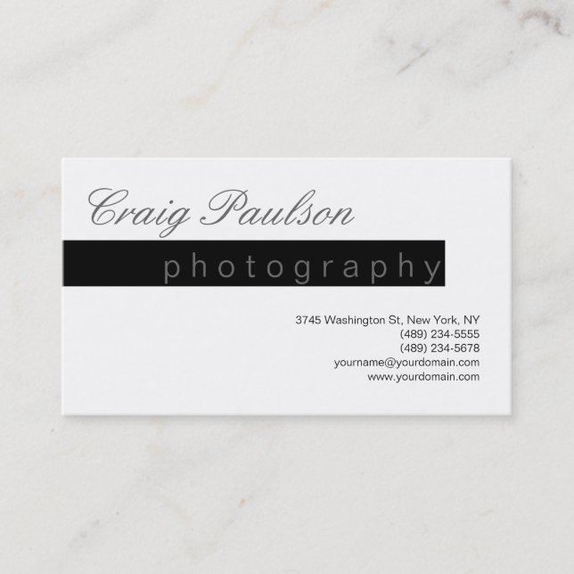 Black White Grey Script Photography Business Card (Front)