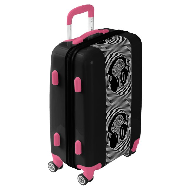 Black White & Grey Spiral Headphones Black & Pink Luggage (Rotated Left)