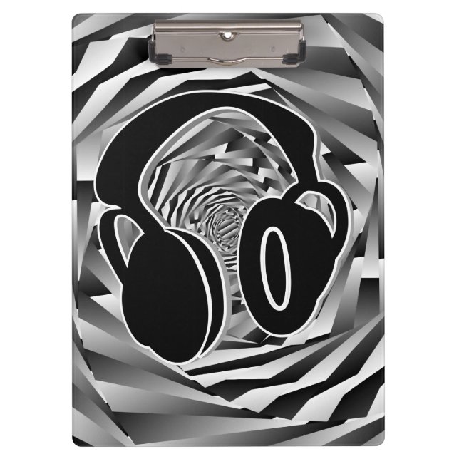 Black White & Grey Spiral Headphones Clipboard (Front)