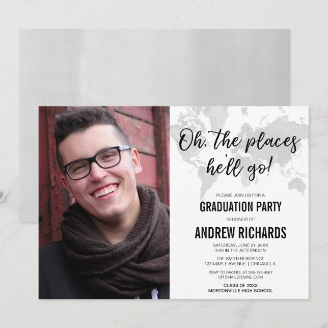 Black white grey travel theme graduation photo invitation (Front/Back)