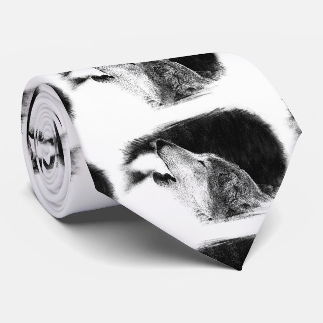 Black & White Grey Wolf Artwork Neck Tie (Rolled)