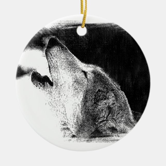 Black & White Grey Wolf Sketch Artwork Ceramic Ornament (Front)