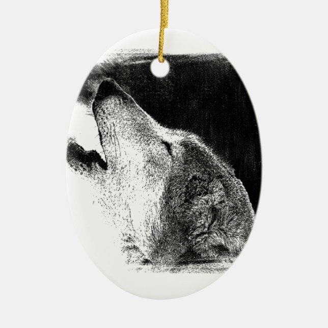 Black & White Grey Wolf Sketch Artwork Ceramic Ornament (Front)