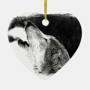 Black & White Grey Wolf Sketch Artwork Ceramic Ornament