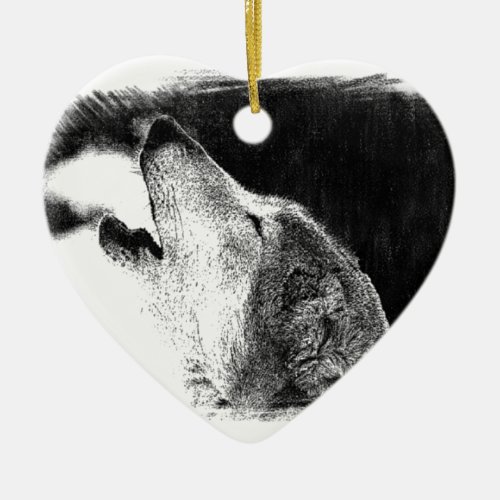 Black  White Grey Wolf Sketch Artwork Ceramic Ornament