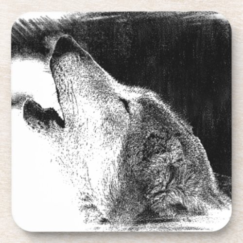 Black  White Grey Wolf Sketch Artwork Coaster