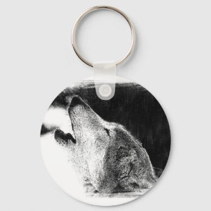 Black & White Grey Wolf Sketch Artwork Keychain