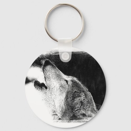 Black  White Grey Wolf Sketch Artwork Keychain