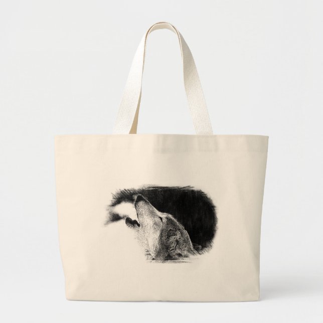 Black & White Grey Wolf Sketch Artwork Large Tote Bag (Front)