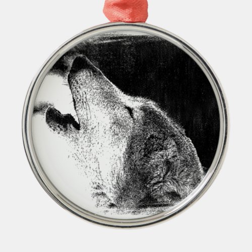 Black  White Grey Wolf Sketch Artwork Metal Ornament