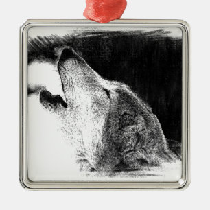 Black & White Grey Wolf Sketch Artwork Metal Ornament