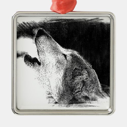 Black  White Grey Wolf Sketch Artwork Metal Ornament