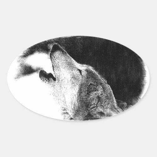 Black  White Grey Wolf Sketch Artwork Oval Sticker