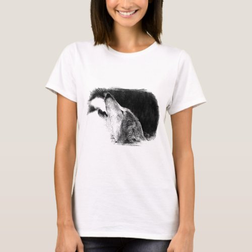 Black  White Grey Wolf Sketch Artwork T_Shirt