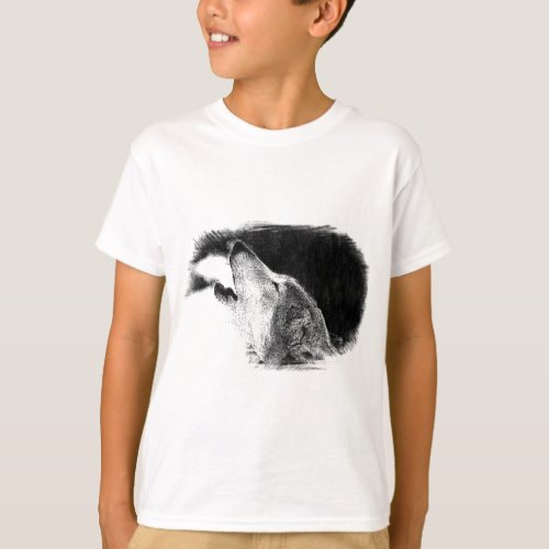 Black  White Grey Wolf Sketch Artwork T_Shirt