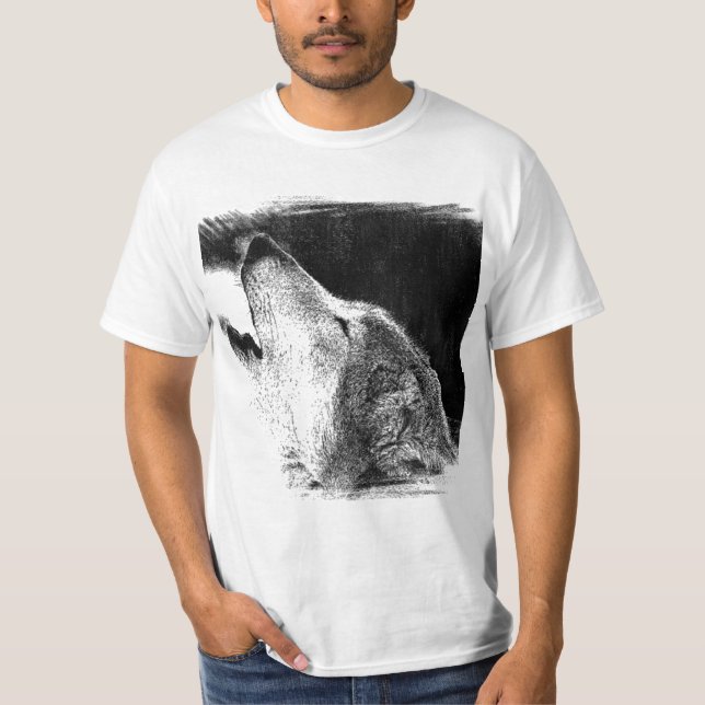 Black & White Grey Wolf Sketch Artwork T-Shirt (Front)