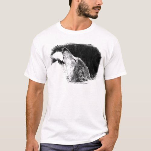 Black  White Grey Wolf Sketch Artwork T_Shirt