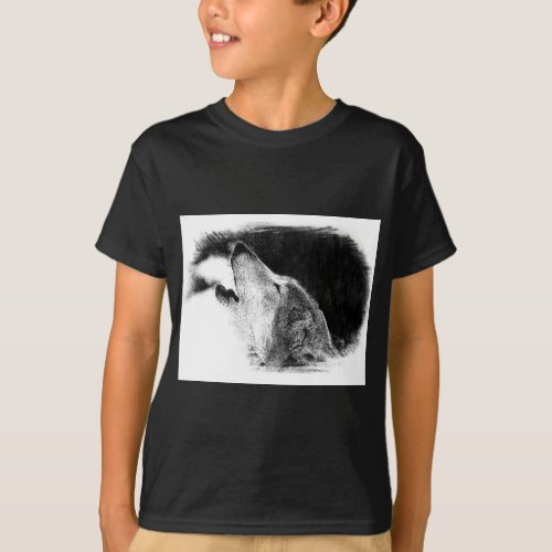 Black  White Grey Wolf Sketch Artwork T_Shirt