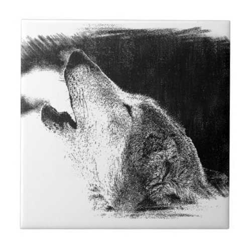 Black  White Grey Wolf Sketch Artwork Tile