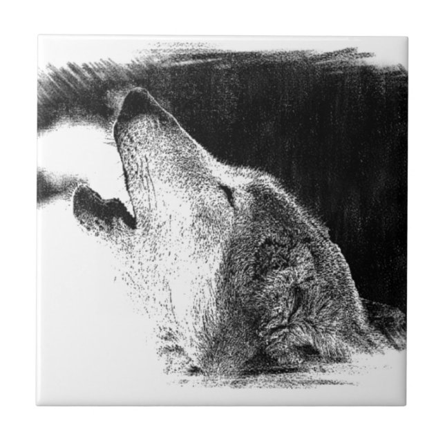 Black & White Grey Wolf Sketch Artwork Tile (Front)