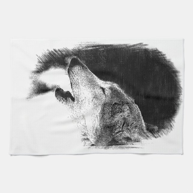 Black & White Grey Wolf Sketch Artwork Towel (Horizontal)
