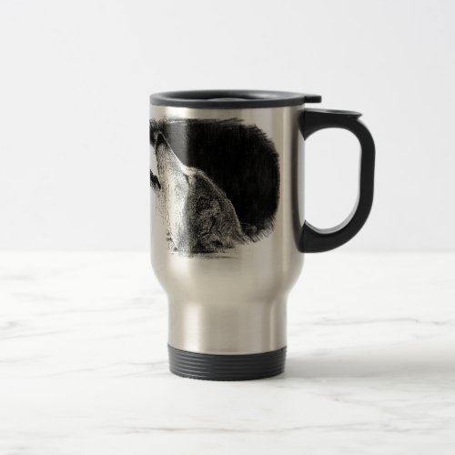 Black  White Grey Wolf Sketch Artwork Travel Mug