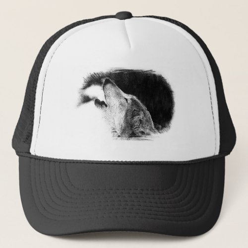 Black  White Grey Wolf Sketch Artwork Trucker Hat