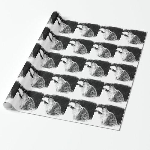 Black  White Grey Wolf Sketch Artwork Wrapping Paper