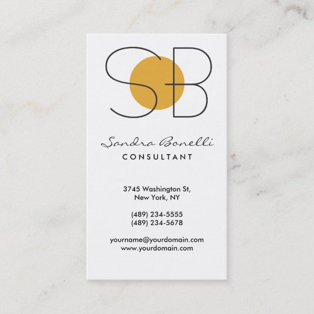 Black White Grey Yellow Monogram Business Card (Front)