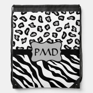 Black White Grey Zebra and Leopard Skin Monogram Drawstring Bag