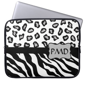 Black, White & Grey Zebra & Cheetah Skin Monogram Laptop Sleeve