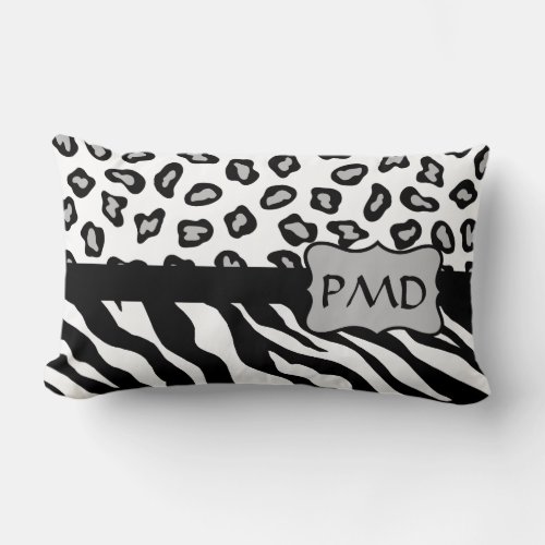 Black White  Grey Zebra  Cheetah Skin Monogram Lumbar Pillow