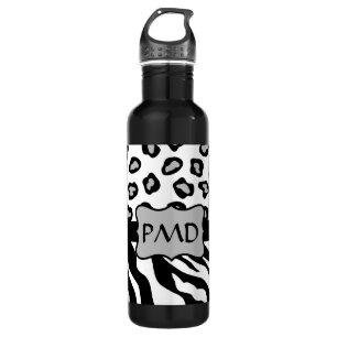 Black, White & Grey Zebra & Cheetah Skin Monogram Water Bottle