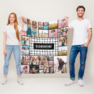 Black white grid 34 photo modern minimal stylish f fleece blanket