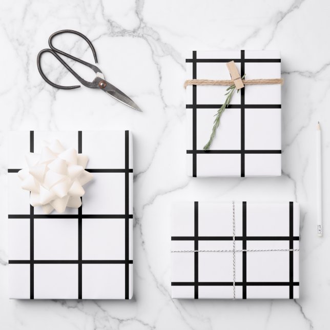 Black white Grid Pattern Wrapping Paper Sheets (Front)