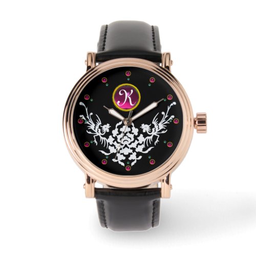 BLACK WHITE GRIFFINS AND FLOWERS GEM MONOGRAM WATCH