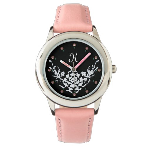 BLACK WHITE GRIFFINS AND FLOWERS  MONOGRAM WATCH