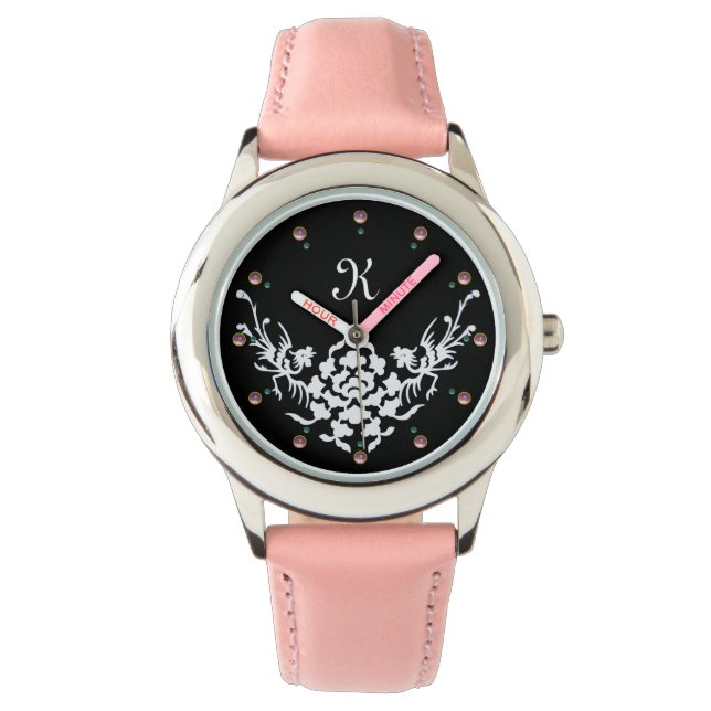 BLACK WHITE GRIFFINS AND FLOWERS  MONOGRAM WATCH (Front)