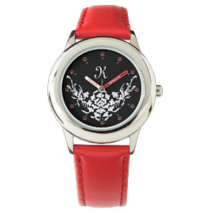 BLACK WHITE GRIFFINS AND FLOWERS MONOGRAM WATCH