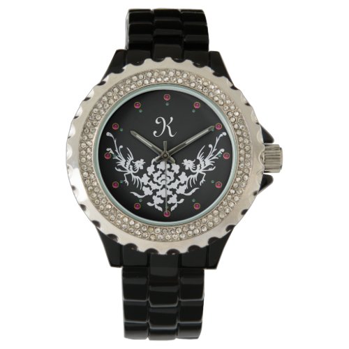 BLACK WHITE GRIFFINS AND FLOWERS  MONOGRAM WATCH