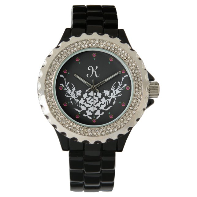BLACK WHITE GRIFFINS AND FLOWERS  MONOGRAM WATCH (Front)