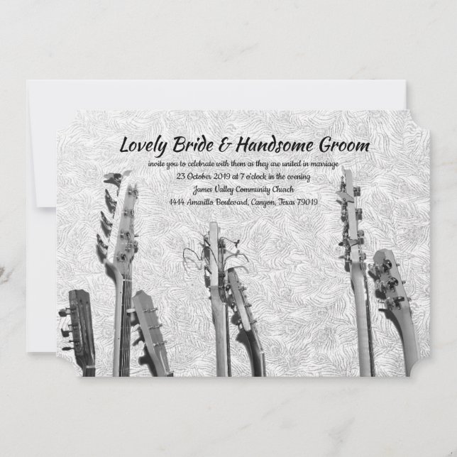 Black White Guitars Music Feathers Wedding Invitation (Front)