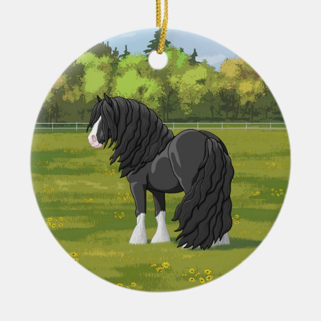 Black & White Gypsy Vanner Tinker Draft Horse Ceramic Ornament (Front)