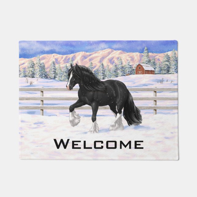 Black & White Gypsy Vanner Tinker Draft Horse Doormat (Front)