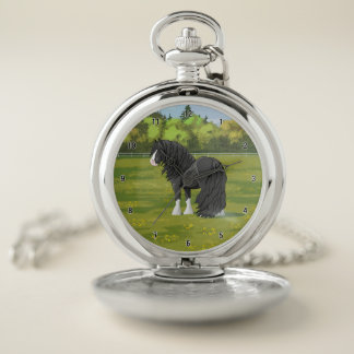 Black & White Gypsy Vanner Tinker Draft Horse Pocket Watch