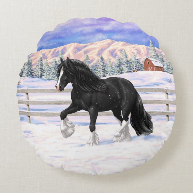 Black & White Gypsy Vanner Tinker Draft Horse Round Pillow (Front)