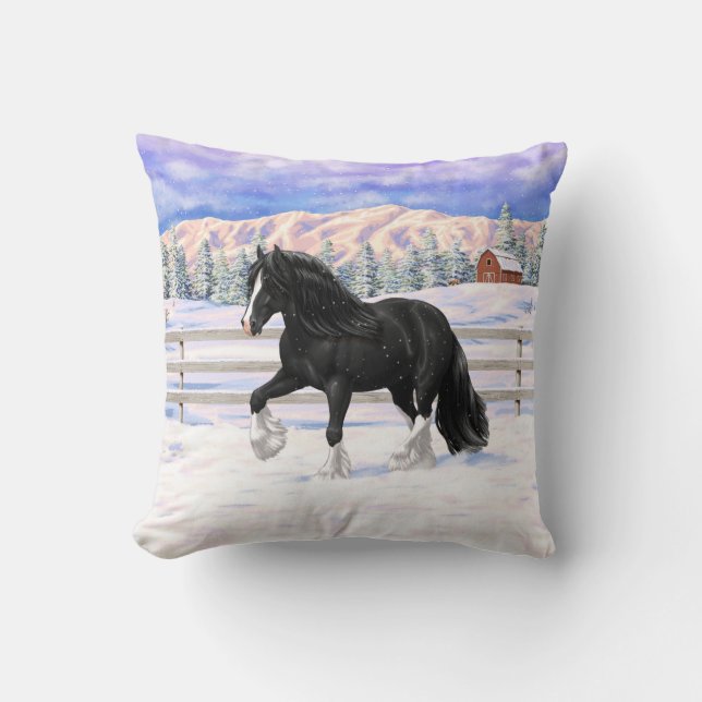 Black & White Gypsy Vanner Tinker Draft Horse Throw Pillow (Front)