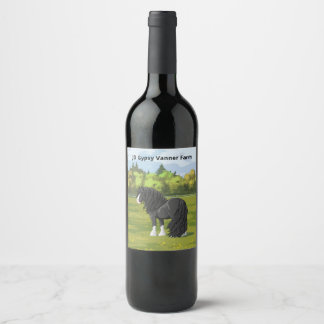 Black & White Gypsy Vanner Tinker Draft Horse Wine Label