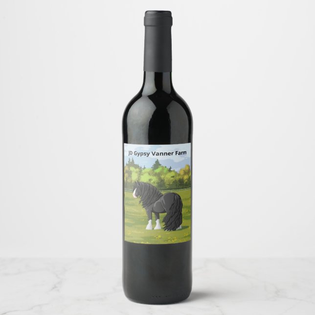 Black & White Gypsy Vanner Tinker Draft Horse Wine Label (Front)